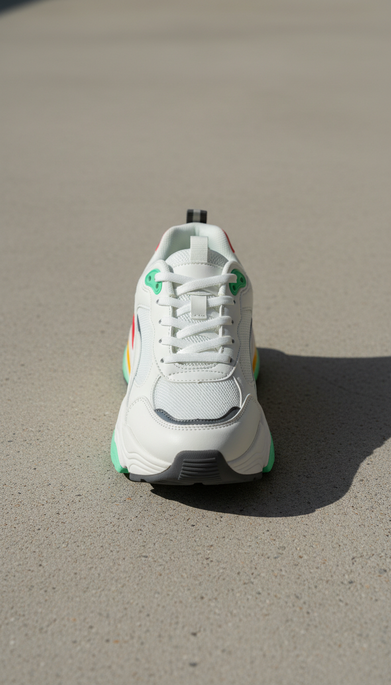 Chunky White Sneakers with Neon Mint Accent